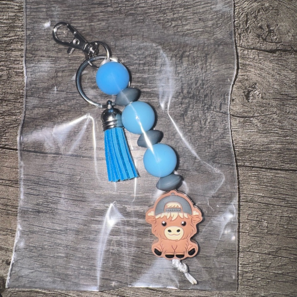 Blue and Gray Beaded Keychain with Cow Charm